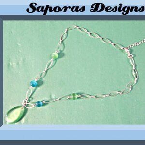 Silver Tone Necklace With Blue & Green Beads
